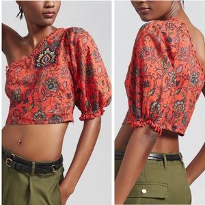 Anthropologie x Farm Rio One-Shoulder Embroidered Crop Top, Size M